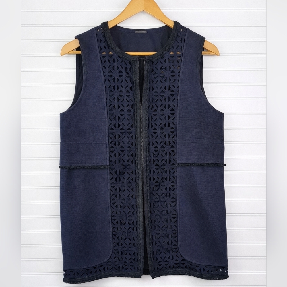 Elie Tahari Midnight Blue Cutout Suede Trim Vest L